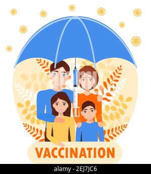 Vektor für Familienimpfung. Impfzeit für Erwachsene und Kinder zum Schutz vor Viren, Grippe, Masern. Großer Regenschirm mit Spritze sparen Stock Vektor