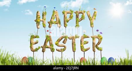 Bunte Happy Easter Schriftzug auf grünem Gras Stockfoto