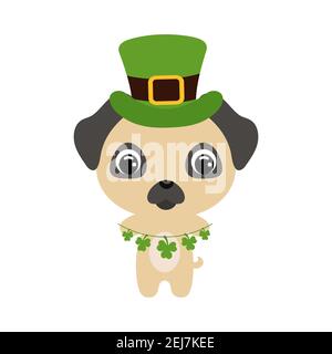 Netter Mops Hund in grünem Kobold Hut. Cartoon süßes Tier mit Kleeblätter. Vektor St. Patrick's Day Illustration auf weißem Hintergrund. Irish Holiday Folk Stock Vektor