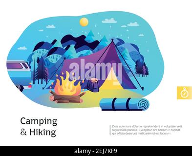 Camping Wandern abstrakte bunte Komposition mit offenem Feuer lila Zelt Blaue Berge im Hintergrund Poster Vektor-Illustration Stock Vektor