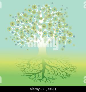Baum des Lebens mit weichen grünen und blauen Blumen. Die Zweige der Krone sind weiß. Stock Vektor