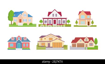 Setzen Sie flache Symbole von Häusern und Gebäuden isoliert auf weiß. Vektorgrafik Stock Vektor