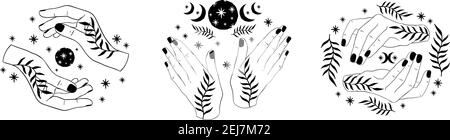 Hand Hexe set.Celestial Hand gezeichnet boho style.Wiccan Zauber esoterische Sammlung. Stock Vektor