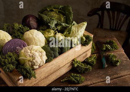 Von oben Holzkiste mit verschiedenen cabbaged auf rustikal platziert Holztisch in der Nähe des Messers Stockfoto