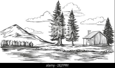 see, Sommerlandschaft, Haus in den Fores, Landschaft, handgezeichnete Vektorgrafik realistische Skizze Stock Vektor