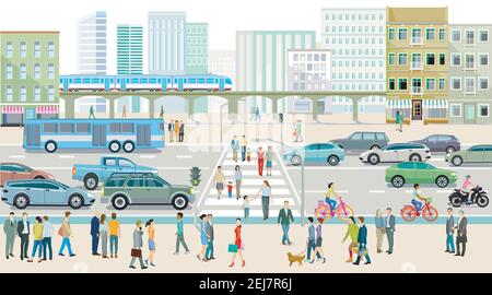 City Silhouette mit Menschen auf dem Bürgersteig und Straßenverkehr, Illustration Stock Vektor