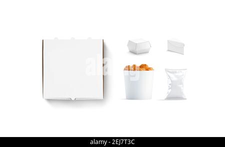 Leere weiße Pappe Fast Food Packs Set Mockup, 3D Rendering. Leere Einweg-Paket für Pizza, Burger, Chips, Kuchen und Chicken Wings Mock up, iso Stockfoto