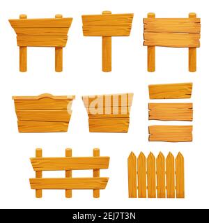 Set Holzelemente Zaun, Sperrholz Planken, Banner, leere Schild texturiert in Cartoon-Stil isoliert auf weißem Hintergrund. Vorlage Assets ui-Spiel. Co Stock Vektor