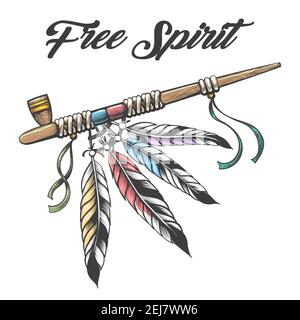 Tätowierung der indianer Peace Pipe. Zeremonielles Rauchpfeife Calumet mit Aufschrift Free Spirit isoliert auf weiß. Vektorgrafik. Stock Vektor