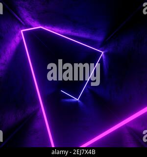 3D Render, abstrakter Tunnelhintergrund mit violetten Neonlichtern Stockfoto