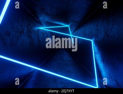 3D Render, abstrakter Tunnelhintergrund mit blauen Neonlichtern Stockfoto