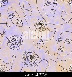 Eine Linie Zeichnung abstrakte zeitgenössische Kunst. Moderne nahtlose Muster mit Frauen Gesichter, Rosen Blumen, Herzen, durch schwarze kontinuierliche Linie auf lila gemacht, Stockfoto