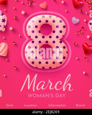 Glückwunschkarte zum Frauentag. 8 März modernes Hintergrunddesign mit niedlichen Herzen und goldenen Konfetti. Vektorgrafik. Stock Vektor