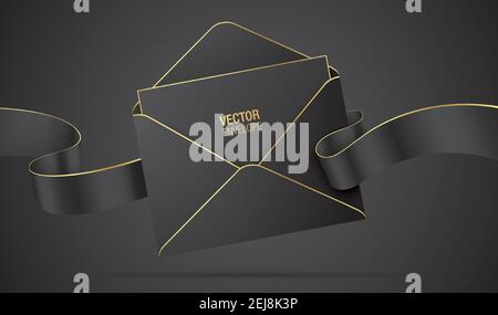 Vector-Hüllkurven-Mockup. Eleganter schwarzer Umschlag mit goldenen Details, winkenden Bändern und einem Brief. Realistischer Umschlag mit Feier-, Gruß- oder Einladungskarte im Inneren, isoliert auf dunklem Hintergrund Stock Vektor