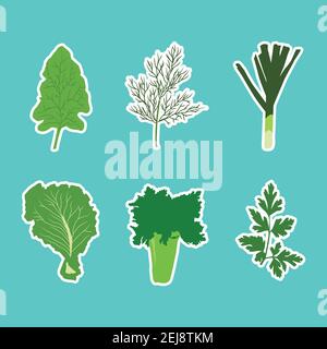 Vektor-Set von flachen Cartoon Gemüse Aufkleber. Vektorhintergrund. Flaches Symbol. Vegetarischer Aufkleber. Aufkleber für gesunde Lebensmittel. Stock Vektor