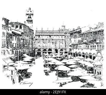 1890s Feder und Tusche Skizze, Piazza delle Erbe, Venetien, Italien, Stände auf italienischem Marktplatz, von dem amerikanischen Künstler William Thomson aus dem Jahr 1899 das Studio an Stockfoto