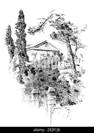 1890s Stift- und Tuschenskizze Villa Faustina, Cannes, Französische Riviera, von dem amerikanischen Künstler William Thomson aus dem Jahr 1899 The Studio an Illustrated Magazine of FI Stockfoto