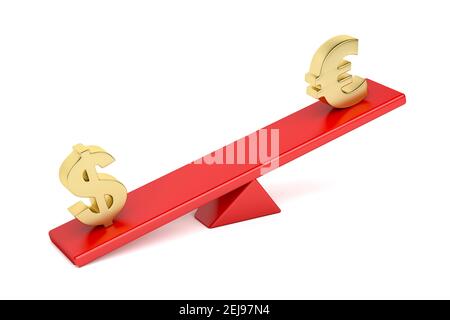 US-Dollar gegen Euro auf dem Wippe. Konzeptbild für die Unausgewogenheit zwischen Währungen. Stockfoto