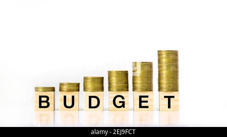 Ein wachsender Stapel von Münzen Schritte auf einem Holzblock beschriftet Budget auf weißem Hintergrund, Investitionsbudget Idee und Jahresbudget. Stockfoto