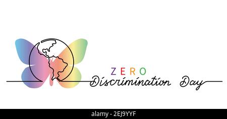 Zero Discrimination Day einfaches Vektor-Banner, Poster, Hintergrund mit Regenbogenschmetterling und Planet, Globus. Schriftzug Zero Discrimination Stock Vektor