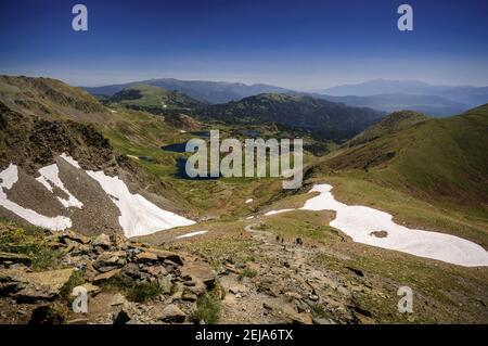 Carlit Lakes, Les Bouillouses, im Sommer (Pyrenees Orientales, Frankreich) ESP: Lagos del Carlit, en las Bullosas, en verano (Pirineos, Francia) Stockfoto