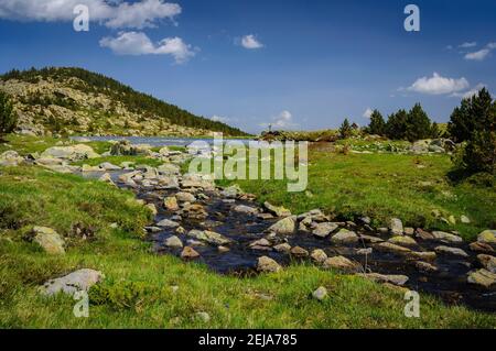 Carlit Lakes, Les Bouillouses, im Sommer (Pyrenees Orientales, Frankreich) ESP: Lagos del Carlit, en las Bullosas, en verano (Francia) Stockfoto