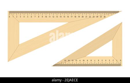 Satz von 2 dreieckigen Holzlinealen. Schulwerkzeuge auf weißem Hintergrund isoliert. Messlineal. Stock Vektor