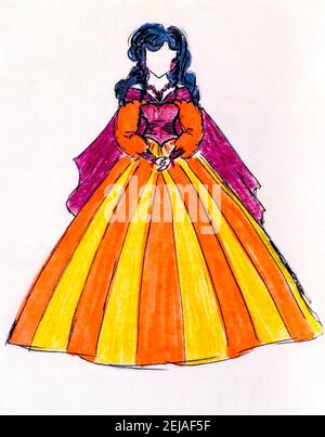 Frau in schönen altmodischen Kleid. Mädchen Hand Zeichnung. Stockfoto