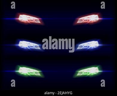 Vector realistische Auto-Scheinwerfer in verschiedenen Farbtönen auf transparenten dunklen Hintergrund. Stock Vektor