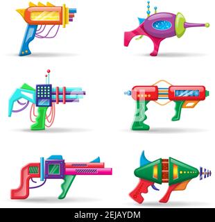 Vektor Cartoon-Stil flache Illustration von futuristischen bunten Blaster auf weißem Hintergrund isoliert. Stock Vektor