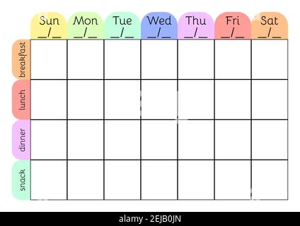 Wochenmenü A4 druckbare Planner-Vorlage. Menüplan leer. Undatiert wöchentlicher Vektorkalender. Stock Vektor