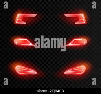 Vector realistische Auto zurück rote Lichter in verschiedenen Formen auf transparentem dunklen Hintergrund. Stock Vektor