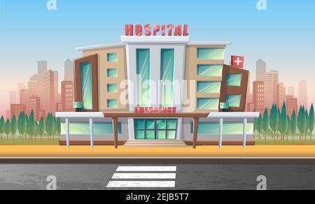 Vektor-Cartoon-Stil Illustration von Krankenhaus Notaufnahme Gebäude mit Stadtkulisse hinter und Straße vor. Stock Vektor
