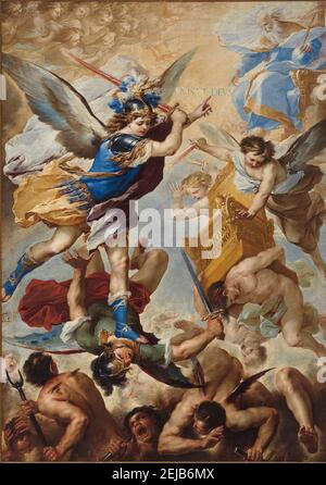 Erzengel Michael besiegt die rebellischen Engel. Museum: Chiesa dell'Ascensione a Chiaia, Napoli. Autor: LUCA GIORDANO. Stockfoto