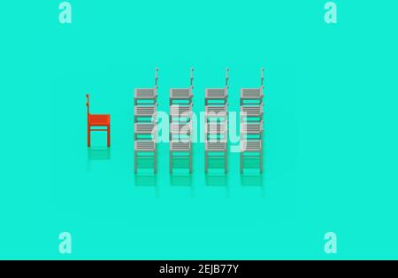 Seitenansicht des roten Stuhls vor weißen Stühlen, im Gespräch mit Publikum Master Class Konzept, 3D Darstellung der Darstellung von stehenden Publikum Stockfoto