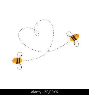 Zwei fliegende Biene und ihr Herz prägen die Flugbahn. Liebe oder Honig Geschäftskonzept. Vektorgrafik Cartoon-Illustration Stock Vektor
