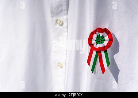 Nahaufnahme weißes Hemd mit tricolor Rosette Symbol des ungarischen Nationaltages 15th märz . Stockfoto