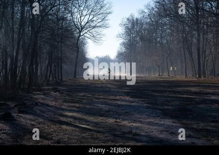 Lonate Pozzolo, Varese - Italien - Dezember 13.2020 Radwanderwege im Wald im Winter. Stockfoto