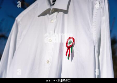 Weißes Hemd hängend draußen mit tricolor Rosette Symbol der ungarischen Nationalfeiertag 15th märz . Stockfoto