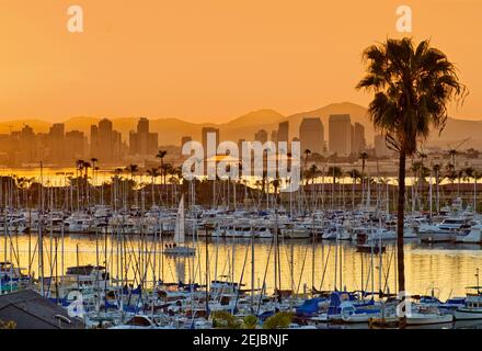 San Diego Downtown, Yachten gesehen über San Diego Bay bei Sonnenaufgang, Kalifornien, USA Stockfoto