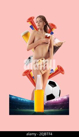 Collage zeitgenössischer Kunst. Portrait von schönen Mädchen posiert über rosa Hintergrund. Kreative konzeptuelle Kunstwerke im modernen Stil mit Sport-, Speise- und Getränkeelementen. Platz für Werbung kopieren. Stockfoto