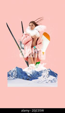 Winter. Portrait von schönen Mädchen posiert über rosa Natur Landschaft Hintergrund. Collage zeitgenössischer Kunst. Kreative konzeptuelle Kunstwerk modern mit Naturlandschaft Elemente. Platz für Werbung kopieren. Stockfoto
