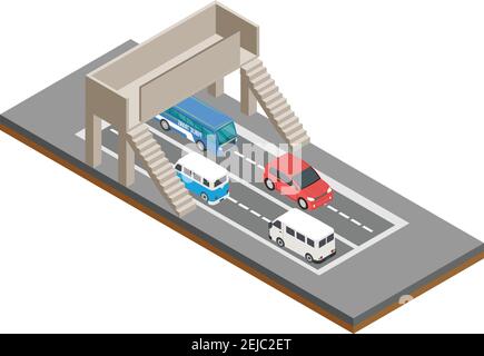 Isometrisches Konzept Autobahn. Autos und Straßenlaternen, Vektor-Illustrationen Stock Vektor