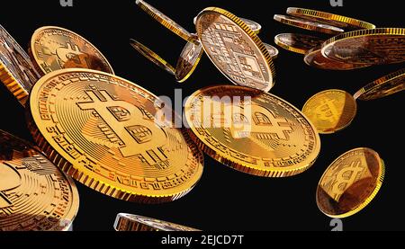 Finanzen und Märkte. Bitcoins und neues Virtual Money Konzept. Goldene Bitcoins mit schwarzem Hintergrund. Kryptowährung. Stockfoto