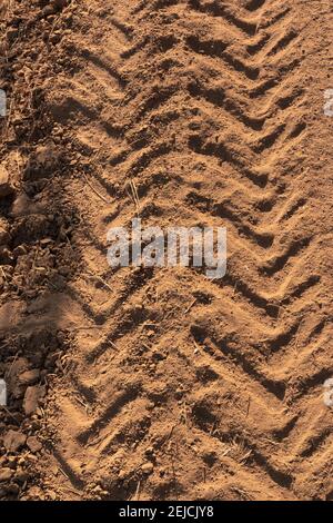 Traktorenwege auf trockenem und trockenem Gelände im Süden Andalusiens In Spanien Stockfoto