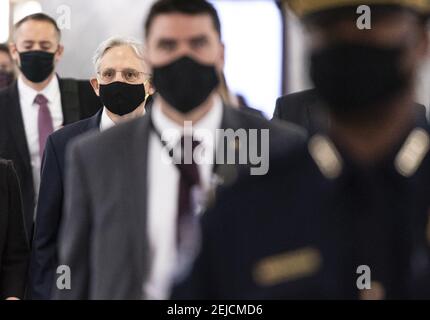 Washington, Usa. Februar 2021, 22nd. Richter Merrick Garland kommt, um vor einer Anhörung des Justizausschusses des Senats über seine Ernennung zum US-Generalstaatsanwalt am 22. Februar 2021 auf dem Capitol Hill in Washington, DC, auszusprechen. Foto von Kevin Dietsch/UPI Kredit: UPI/Alamy Live News Stockfoto