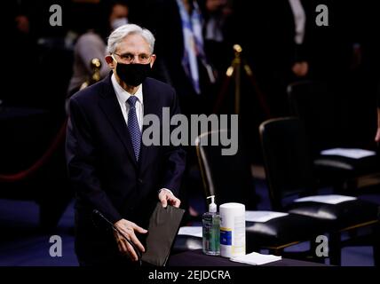 Washington, Vereinigte Staaten Von Amerika. Februar 2021, 22nd. Richter Merrick Garland kommt vor einer Anhörung des Justizausschusses des Senats über seine Ernennung zum US-Generalstaatsanwalt auf dem Capitol Hill in Washington, USA, 22. Februar 2021.Quelle: Carlos Barria/Pool via CNP Quelle: dpa/Alamy Live News Stockfoto