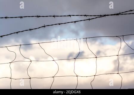 Stacheldrahtzäune vor bewölktem Himmel in den frühen Morgenstunden in einem ländlichen Gebiet Stockfoto