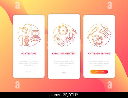 Covid-19 Testing Types Onboarding mobile App Seite Bildschirm mit Konzepten Stock Vektor