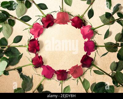 Kreativer Blumenrahmen aus Rosen auf goldenem Sand mit Kopierplatz, Happy valentine's day, Muttertag, Blumenhintergrund, flaches Lay, Draufsicht Stockfoto